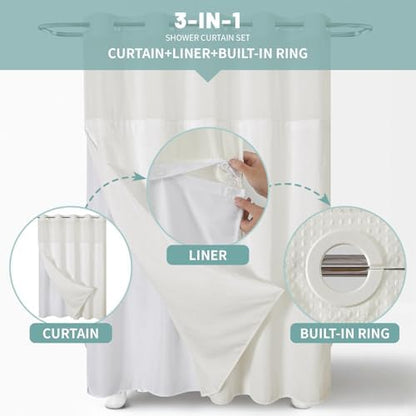 eachope No Hook Waffle Shower Curtain with Snap-in Liner, 71x77 Inch, Cream