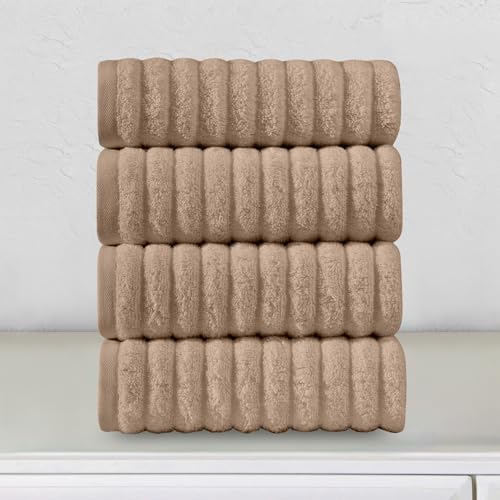 Elegant Comfort Luxury 100% Turkish Cotton Corduroy Ribbed 4 Pack Hand Towel Set 16 x 28 Inch - Absorbent, Super Soft, Quick Dry, Premium Towels for Bathroom, Gym, Spa and Hotel Use, Taupe