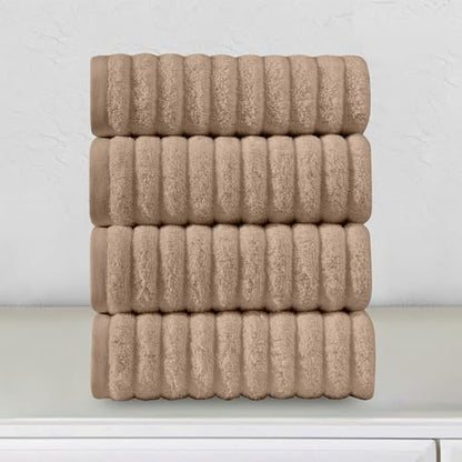 Elegant Comfort Luxury 100% Turkish Cotton Corduroy Ribbed 4 Pack Hand Towel Set 16 x 28 Inch - Absorbent, Super Soft, Quick Dry, Premium Towels for Bathroom, Gym, Spa and Hotel Use, Taupe