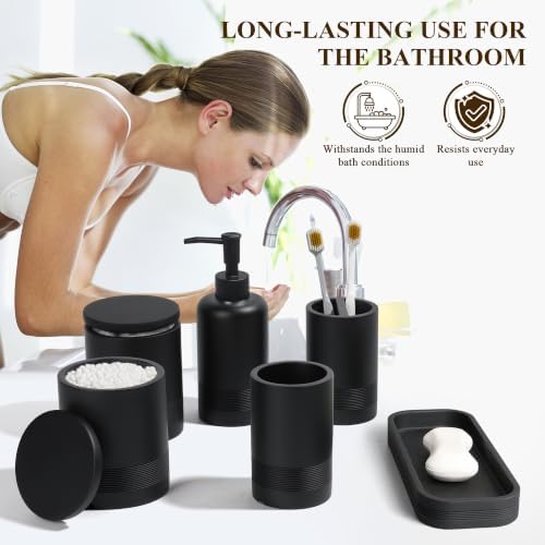 Bathroom Accessories Set, 6-Piece Bathroom Accessory Set, Toothbrush Holders Set, Soap Dispenser, Vanity Tray, Tumbler, Cotton Swab Jars, Bathroom Organizer for Modern Bathrooms(Matte Black)