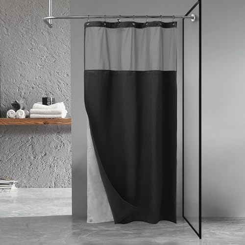 N&Y HOME Stall Waffle Weave Shower Curtain with Snap-in Liner Black 36x72