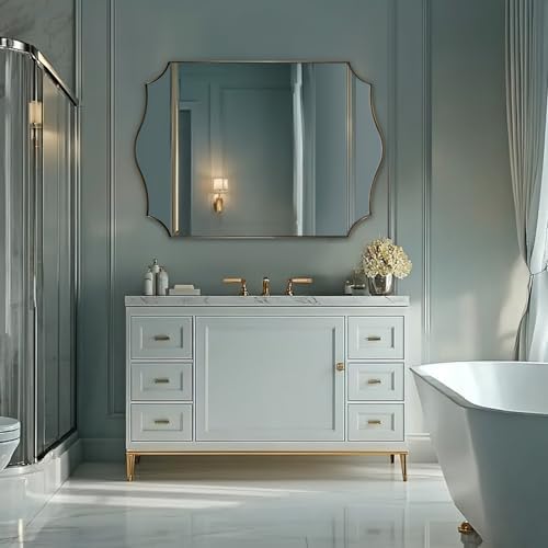 ANDY STAR 30x48 Inch Gold Bathroom Mirror, Large Brushed Gold Rectangle Mirror, Antique Brass Mirror in Rust-Proof Stainless Steel 1" Frame, Unique Wavy Frame Design, Vertically/Horizontally