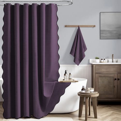 BTTN Purple Boho Scalloped Linen Textured Cloth Shower Curtain Set, 72x72