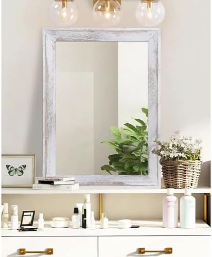 AAZZKANG Mirrors for Wall Rustic Wood Framed Hanging Mirror 28"x20" Decorative for Farmhouse Bedroom Bathroom Living Room Entryway Hallway White