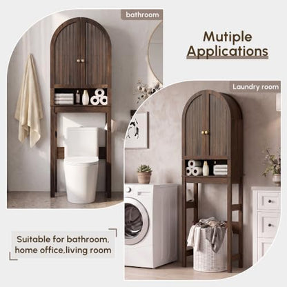 HMstone Over The Toilet Storage Cabinet, Arched Bathroom Organizer and Storage with Doors and Adjustable Shelf, Space-Saving Freestanding Bathroom Modern Storage Cabinet Over Toilet (Walnut)