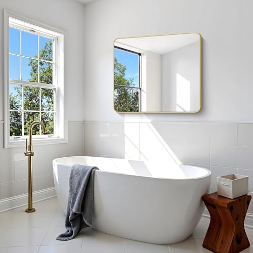 Gold Bathroom Mirror,30x36 inch Wall Mirror for Bathroom Wall Mounted,Round Rectangle Mirror for Bathroom Over Sink,Modern Frame for Home Decor Living Room,Bedroom Entryway,Horizontal/Vertical