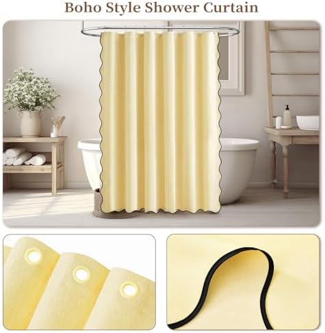 BTTN Boho Scalloped Linen Textured Cloth Shower Curtain Set, 72x84, Yellow