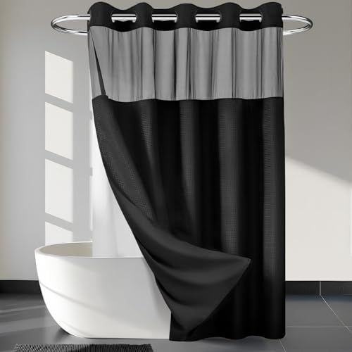 RiverDream Heavyweight Waffle No Hook Shower Curtain with Liner,Black,71x80