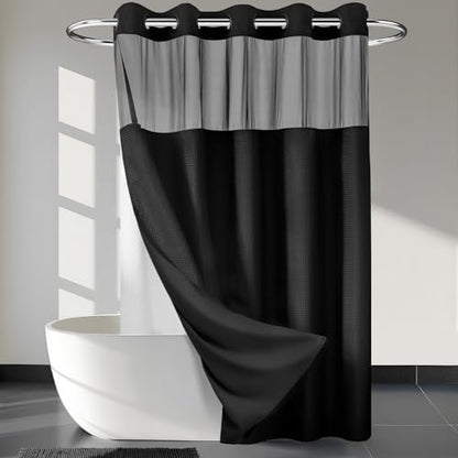 RiverDream Heavyweight Waffle No Hook Shower Curtain with Liner,Black,71x80