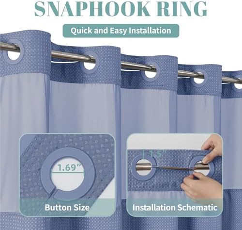 No Hook Long Waffle Shower Curtain, Snap-In Liner, 71x86 in, MoonlightBlue