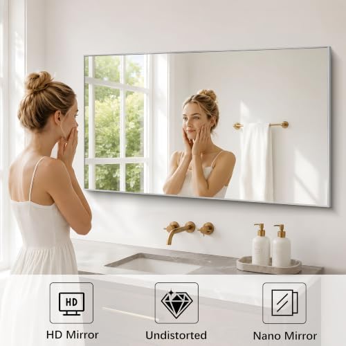 DESBING 30" x 48" Bathroom Mirror, Silver Metal Frame Wall Mirror