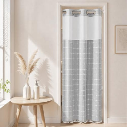 River Dream Farmhouse No Hooks Shower Curtain with Snap-in Liner,Grey,36x74