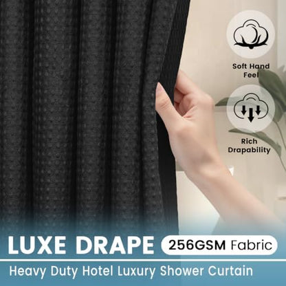 EUTXL 256GSM No Hook Waffle Weave Shower Curtain with Liner, 71x74, Black