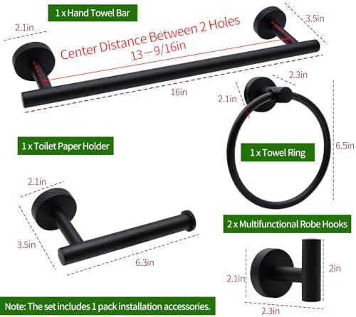 5pcs Bathroom Hardware Set, Matte Black Bathroom Hardware Set, Including 16" Hand Towel Bars, Toilet Paper Holders, Towel Rings, Robe Towel Hooks