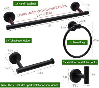 5pcs Bathroom Hardware Set, Matte Black Bathroom Hardware Set, Including 16" Hand Towel Bars, Toilet Paper Holders, Towel Rings, Robe Towel Hooks