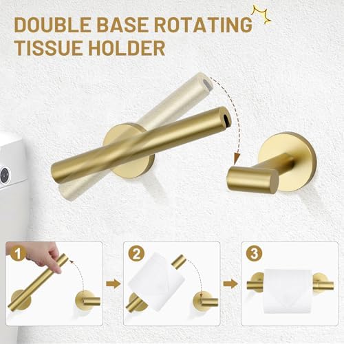 TURS Brushed Gold 5 Piece Bathroom Hardware Set, SUS304 Stainless Steel Bath Towel Bar Set, 23.6 Inch Round Bathroom Accessories Kit Wall Mounted