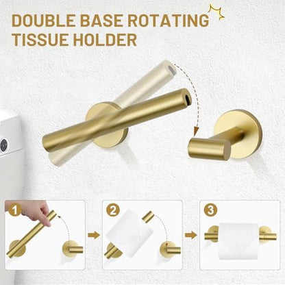 TURS Brushed Gold 5 Piece Bathroom Hardware Set, SUS304 Stainless Steel Bath Towel Bar Set, 23.6 Inch Round Bathroom Accessories Kit Wall Mounted