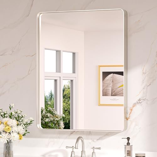 Keonjinn 28 x 36 Inch Brushed Nickel Bathroom Mirror, Tempered Glass