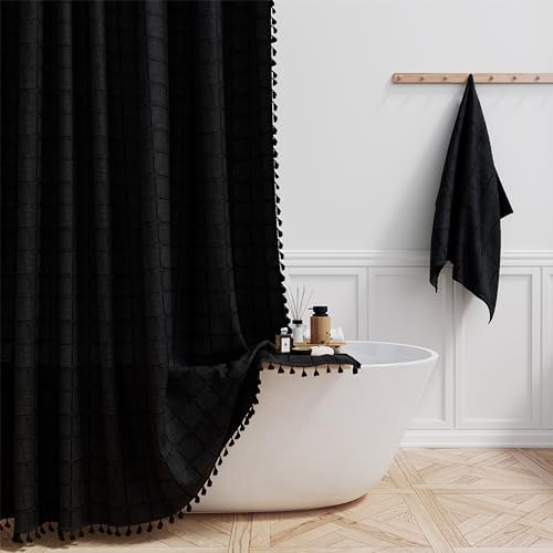 BTTN 54x78 Boho Farmhouse Linen Heavy Duty Fabric Shower Curtain Set, Black