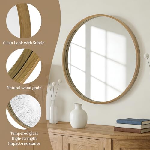 WallBeyond Round Wood Mirror, 32" Round Modern Decoration Large Circle Wall Mirror for Bathroom Living Room Bedroom Entryway, Natural