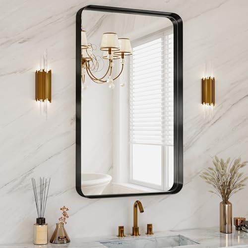 Black Bathroom Mirrors for Over Sink,24X36 Inch Matte Metal Framed