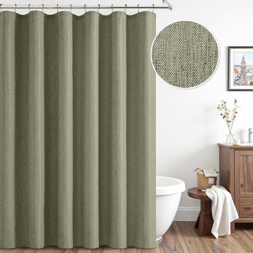 ANRODUO Olive Green Linen Textured Fabric Shower Curtain Set - W72xL72