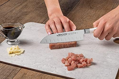 Arcos Santoku Knife Forged Blade Stainless Steel NITRUM 140mm, POM Handle White, Resistant to Extreme Temperatures and Chemicals, Riviera Blanc Series