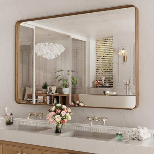 LOAAO 55X30 Inch Bathroom Mirror with Wood Grain Colored Metal Frame