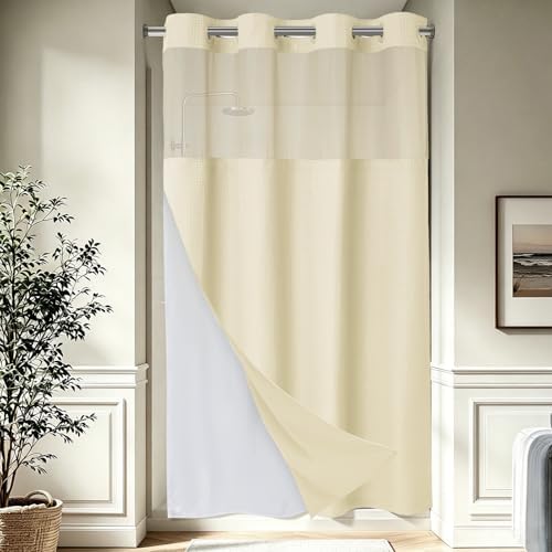 EUTXL Heavyweight No Hook Shower Curtain with Liner, Ivory, 54x80