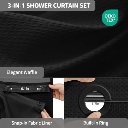 Dynamene Black Hook Free Waffle Shower Curtain & Snap-in Fabric Liner,72x93