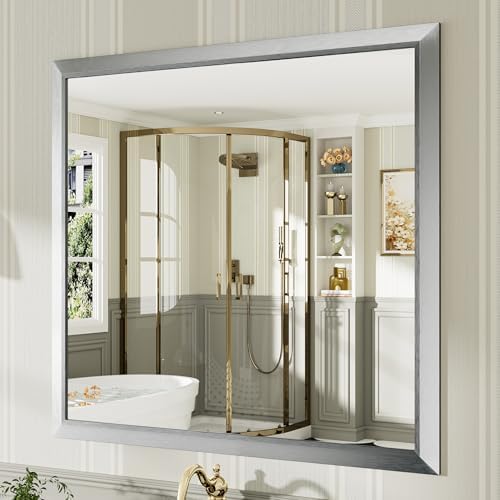 Briivue Bathroom Wall Mirror, Silver Brushed Nickel Metal Frame, 40x38 Inch