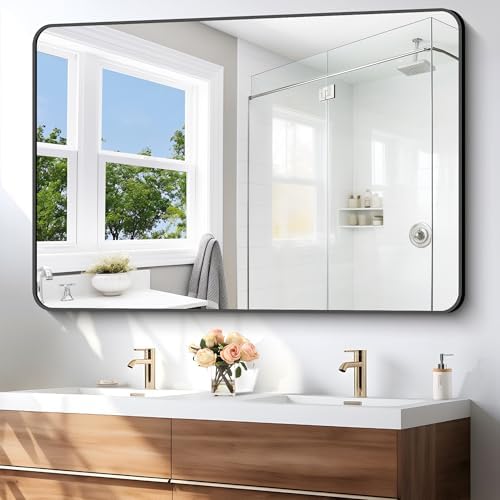 BONEWEI 55x36 inch Bathroom Mirror,Black Rectangle Mirror,Wall Mounted Bathroom Frame Vanity Mirror with Round Corner for Bedroom Living Room, Entryway Hangs Horizontal or Vertical