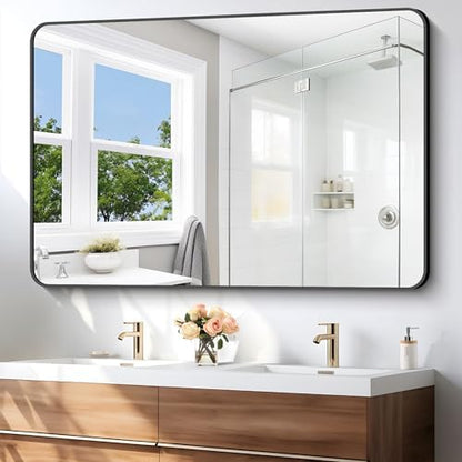 BONEWEI 55x36 inch Bathroom Mirror,Black Rectangle Mirror,Wall Mounted Bathroom Frame Vanity Mirror with Round Corner for Bedroom Living Room, Entryway Hangs Horizontal or Vertical