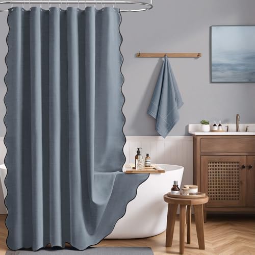 BTTN Boho Scalloped Linen Textured Cloth Shower Curtain, 72x84, Blue Grey