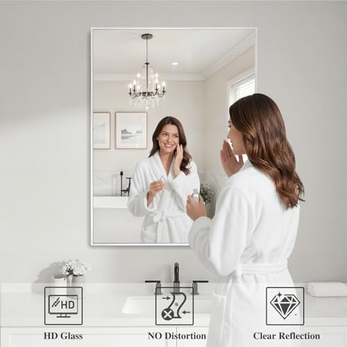 Koonmi White Rectangle Wall Mirror, 30x36 Inch Bathroom Mirror, Aluminum Frame Vanity Mirror for Entryway, Living Room, Bedroom Bathroom, Hangs Horizontally or Vertically