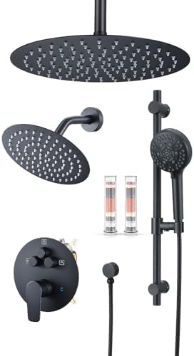 Woindo Shower Faucet Set with Slide Bar, 12" Rain Shower Head/8'' Side Shower Head and 10 Setting Handheld Ceiling Mount 3 Push Button Diverter Complete Rainfall Shower System Included Valve Trim Kit