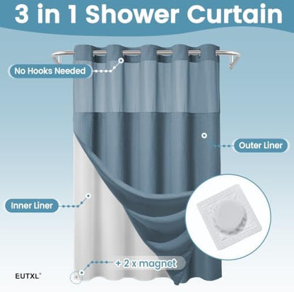EUTXL Heavyweight No Hook Shower Curtain with Liner, Moonlight Blue,71x86