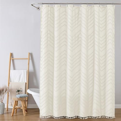 OWENIE Extra Long Beige Boho Shower Curtain, Chic Tufted Chevron Striped Textured Fabric Cloth Shower Curtains with Tassel for Bathroom, Soft Hotel Style Farmhouse, Machine Washable, 72x84
