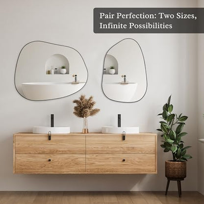 PERFNIQUE Irregular Asymmetrical Wall Mirror, 32"x24" Black Bathroom Mirror