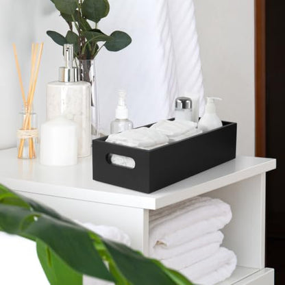 ALELION 15 Inch Black Wood Bathroom Storage Basket with Handles, Toilet Paper Basket for Back of Toilet Tank Top, Wooden Organizer Tray for Bathroom Countertop, Vanity, Kitchen, Pantry, Laundry Room