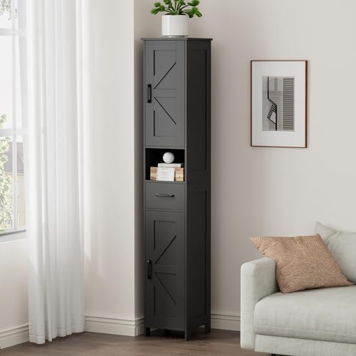 Homhedy 67" H Tall Bathroom Storage Cabinet with Barn Doors and Drawer