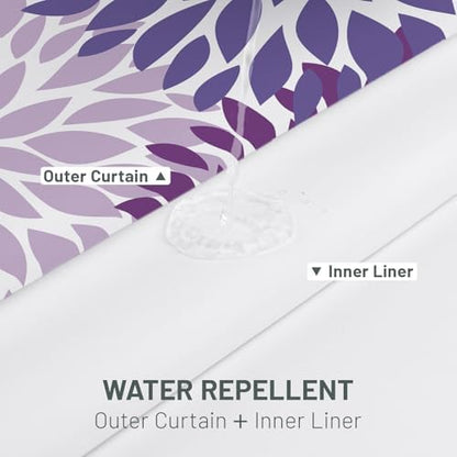 WITHLOC No Hook Floral Shower Curtain with Liner, Purple, 71x74
