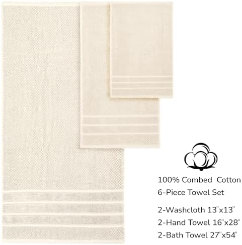 Feather & Stitch 100% Cotton 625 GSM Bath Towel Set of 6, Ultra Soft Highly Absorbent 2 Bath Towels, 2 Hand Towels & 2 Washcloth - Luxury Quick Dry Shower Towels (Ivory)