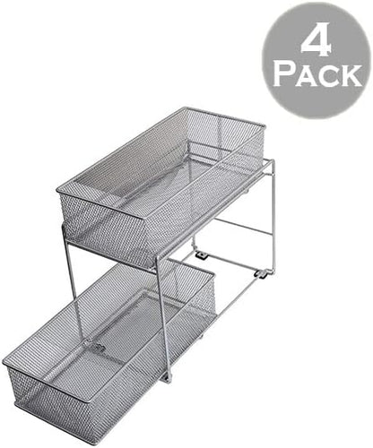 YBM HOME Pack of 4 Silver 2 Tier Mesh Sliding Spice and Sauces Basket Cabinet Organizer Drawer 2304-4
