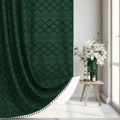 Siiluminisoy Dark Green Boho Shower Curtain Woven Fabric Cute Shower Curtain, 72 x 72 Tufted Chevron Textured Striped Modern Farmhouse Minimalist Cloth Shower Curtains for Bathroom