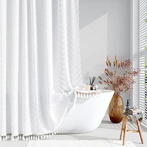 Dynamene Stall Boho Farmhouse Shower Curtain Tufted Chevron 54"x78" White
