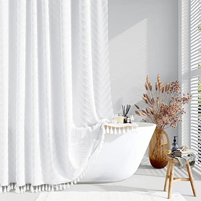 Dynamene Stall Boho Farmhouse Shower Curtain Tufted Chevron 54"x78" White