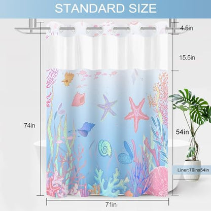 No Hook Shower Curtain and Liner Set, Blue Pink Beach Coastal 71x74