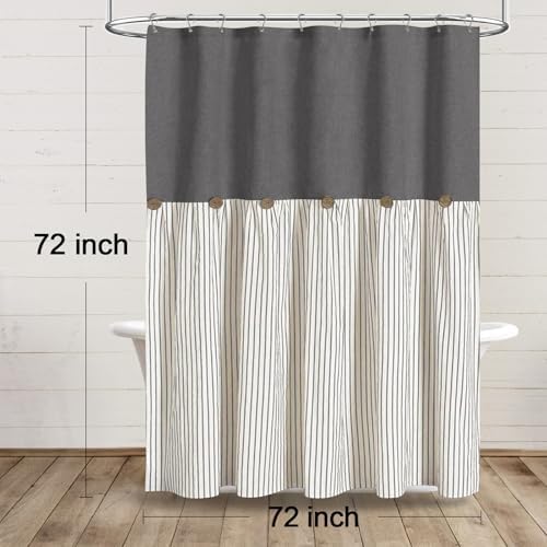 Farmhouse Shower Curtain Button Grey-Grey Stripe 72" W x 72" L