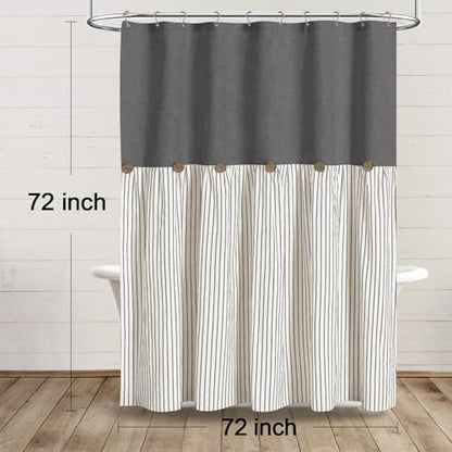 Farmhouse Shower Curtain Button Grey-Grey Stripe 72" W x 72" L